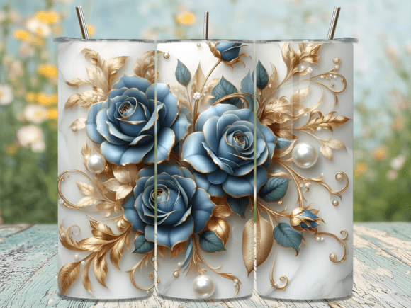 Gold Blue 3D Luxury Roses Tumbler Wrap